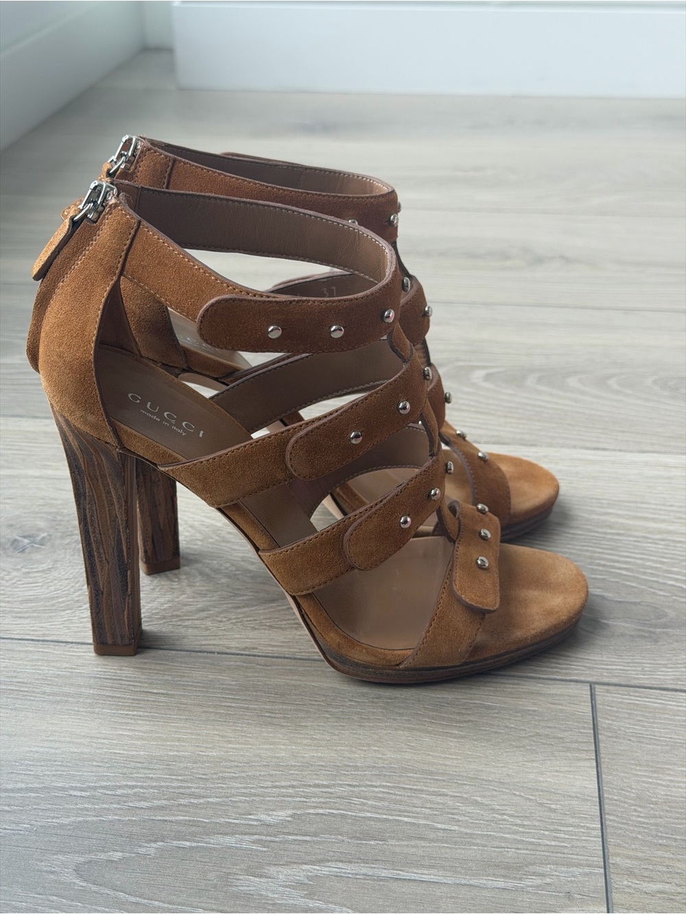 Gucci Tan Suede Strappy Studded High Heel Sandals